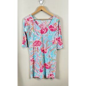 Lilly Pulitzer Dress Lightweight T-Shirt 3/4 sleeves, XS Blue Pink Jellyfish